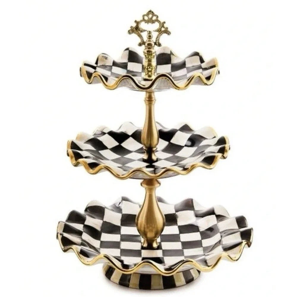 MacKenzie-Childs Courtly Check 3 Tier Sweet Stand Ceramic Gold 17”
